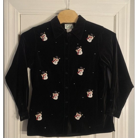The Quacker Factory‎ Womens Velvet Snowman Button Up Shirt Size Medium Black - Picture 1 of 11